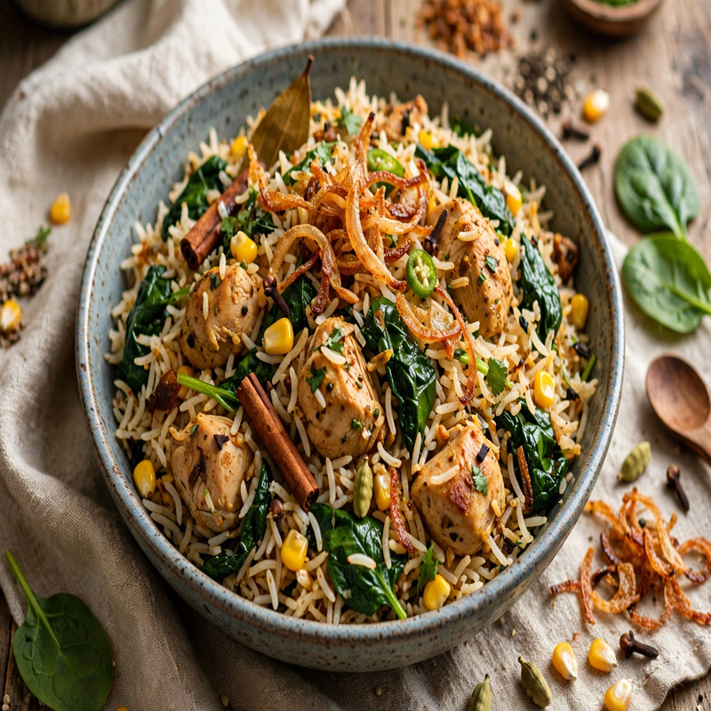 Chicken Spinach Corn Pulao